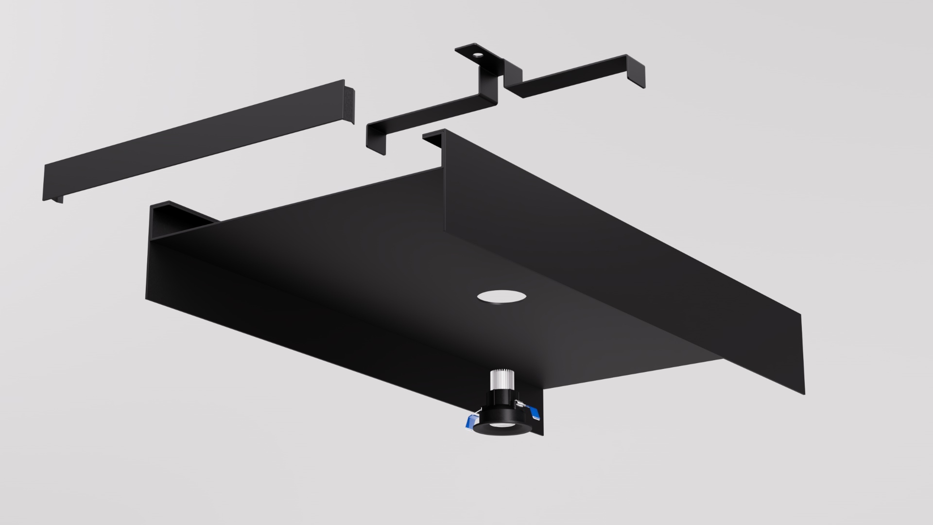 REVEAL 300 exploded assembly showing channel, end cap, install bracket and downlight