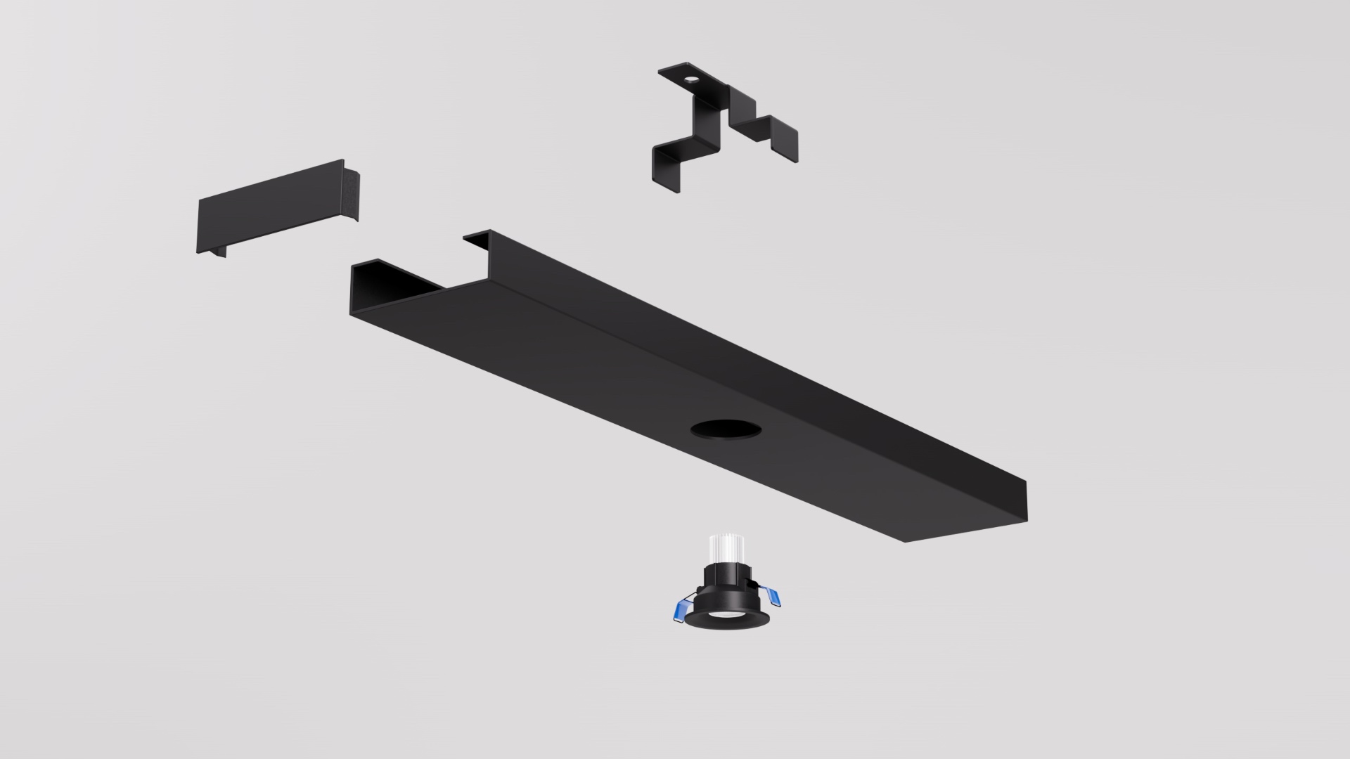 SEAM 100 exploded assembly showing channel, end cap, install bracket and downlight