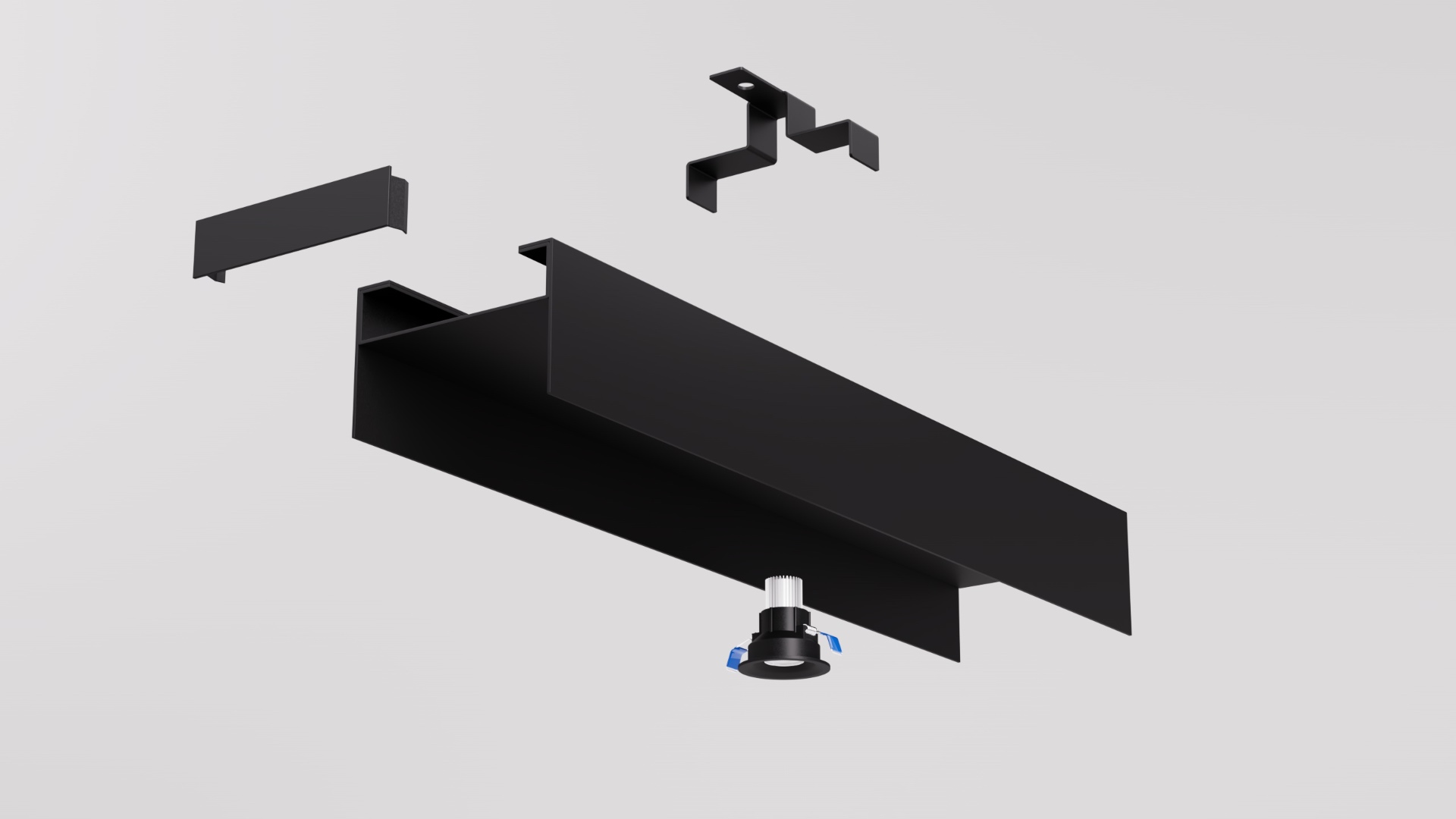 REVEAL 125 exploded assembly showing channel, end cap, install bracket and downlight