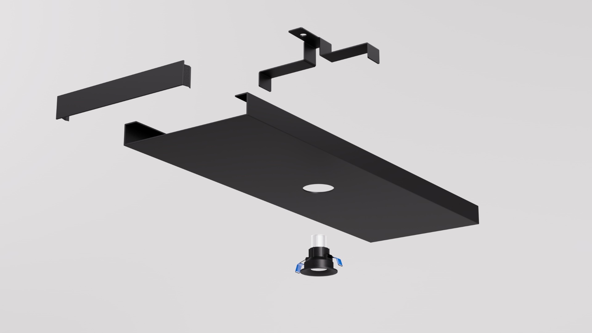 SEAM 200 exploded assembly showing channel, end cap, install bracket and downlight