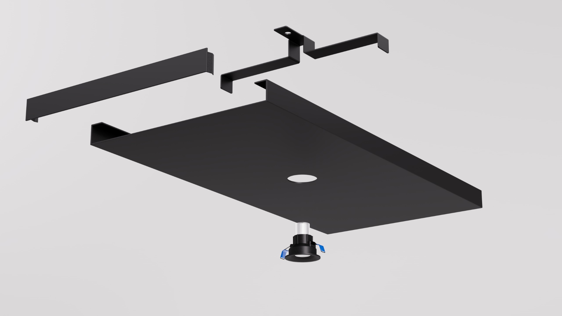 SEAM 300 exploded assembly showing channel, end cap, install bracket and downlight