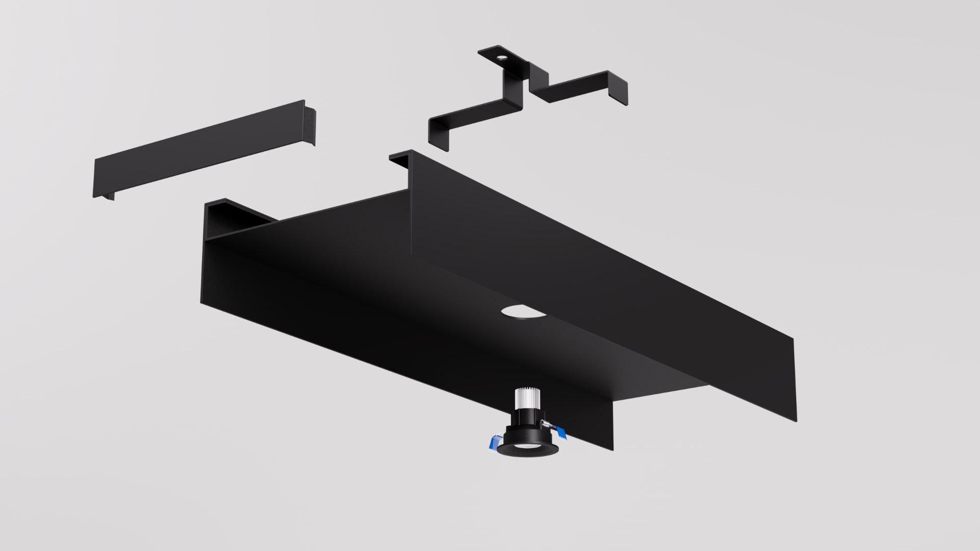REVEAL 200 exploded assembly showing channel, end cap, install bracket and downlight