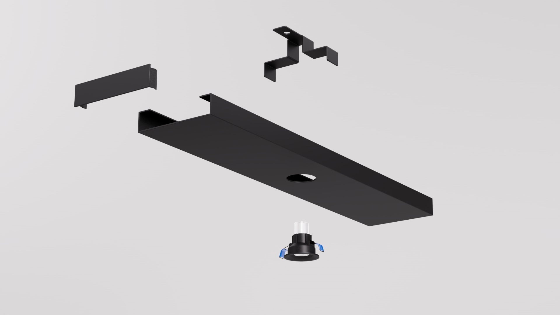 SEAM 125 exploded assembly showing channel, end cap, install bracket and downlight