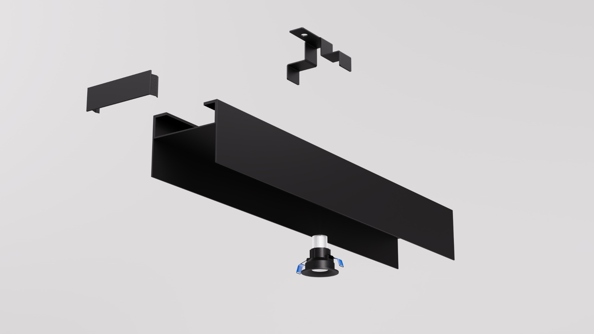 REVEAL 100 exploded assembly showing channel, end cap, install bracket and downlight