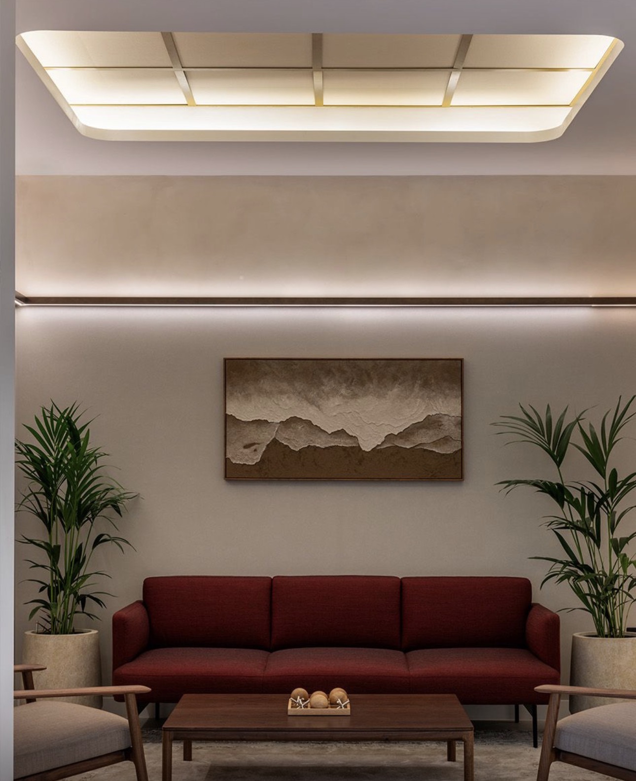 75 KWS reception seating area with bespoke ceiling grid in RAL 8000