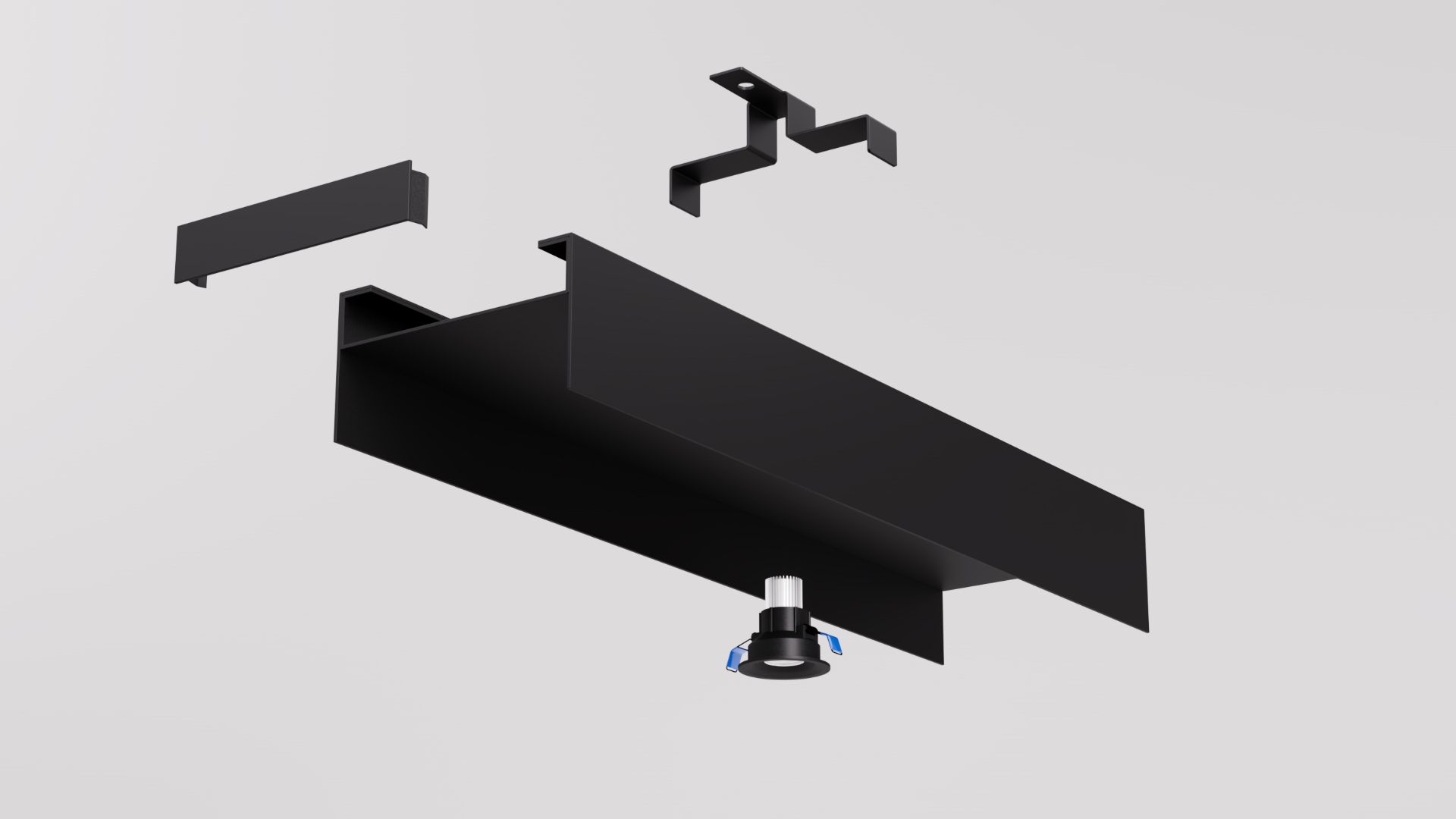 REVEAL 150 recessed channel exploded assembly with bracket and downlight
