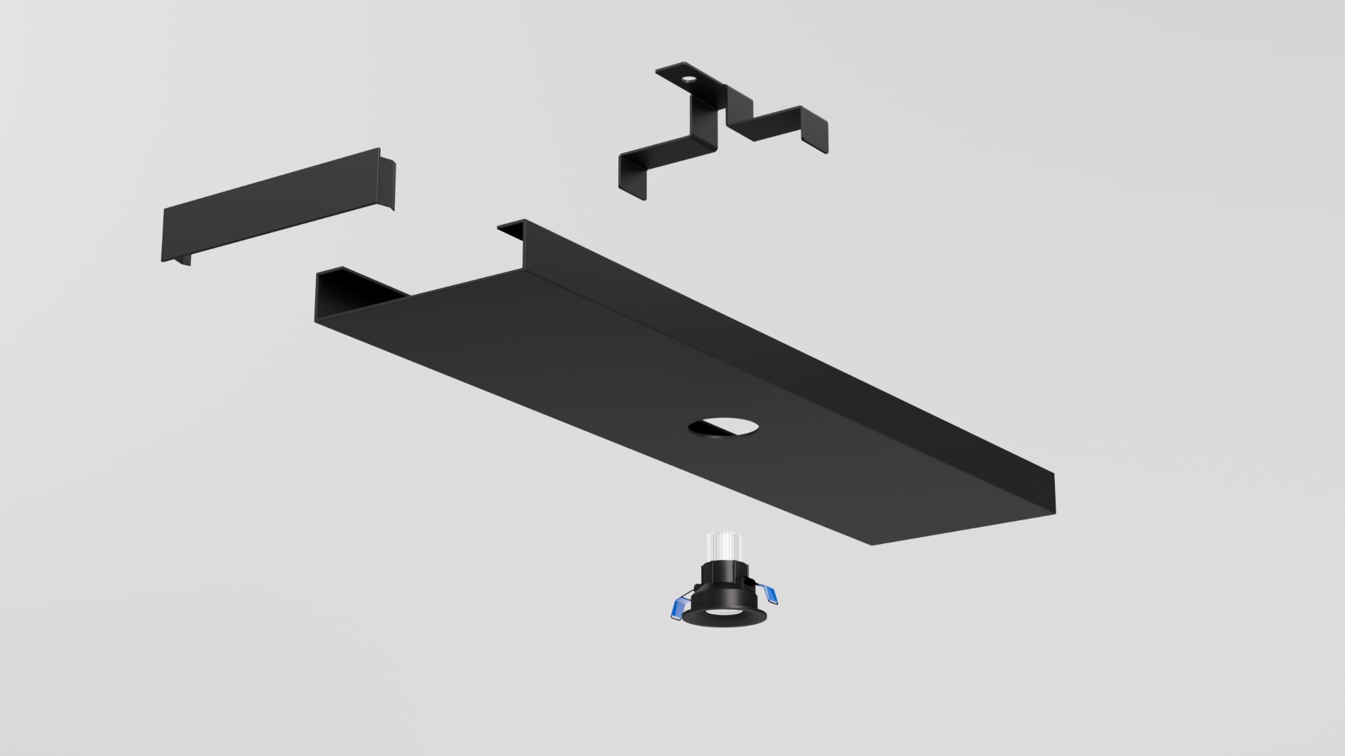 SEAM 150 flush channel exploded assembly with bracket and downlight