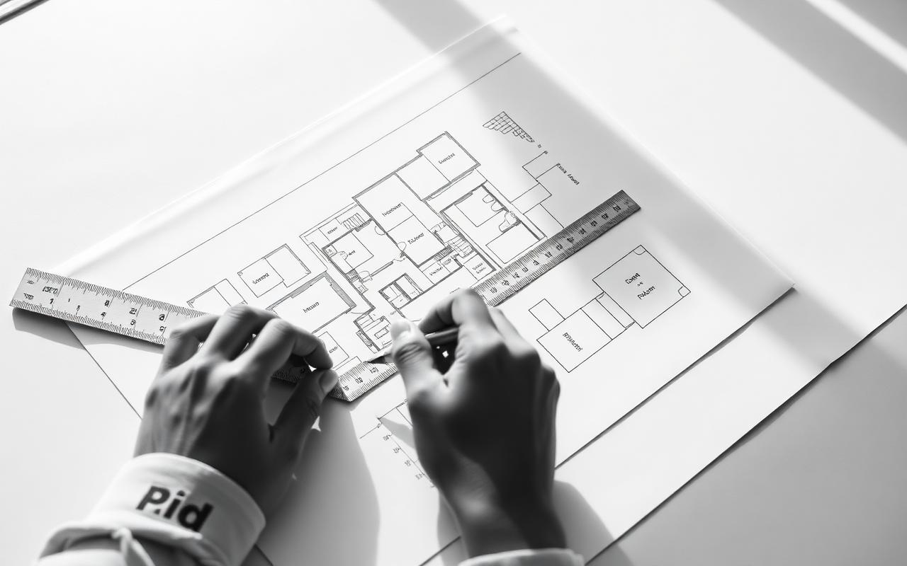 Architect's hands drafting a detailed floor plan with a ruler and pen