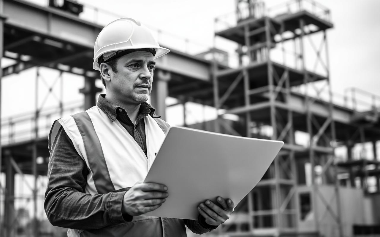 Main contractor in hard hat and hi-vis reviewing a programme on a construction site