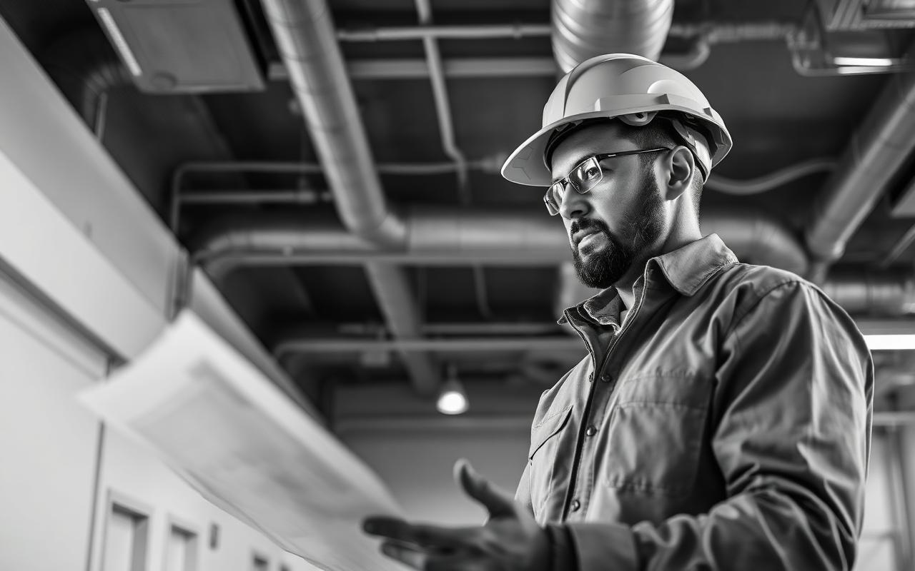 M&E engineer reviewing service drawings under exposed ductwork on site
